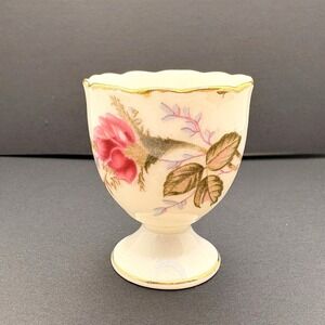 Vintage L & M Bond Ware Moss Rose Floral Porcelain Egg Cup Gold Trim Cottagecore